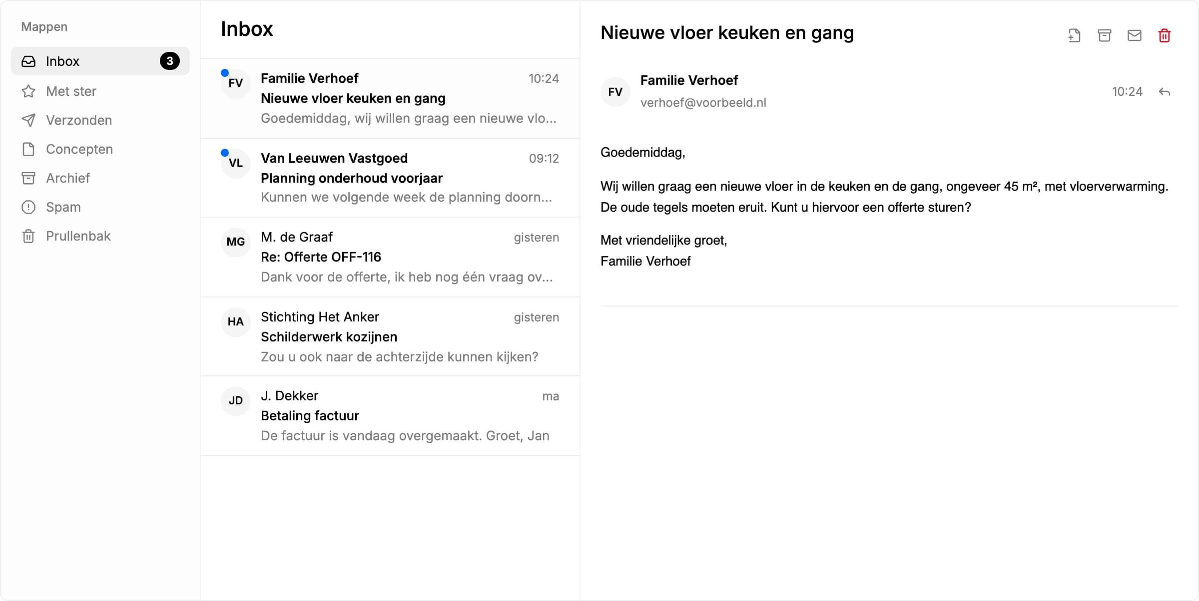 De inbox in Synbased met een aanvraag die je omzet naar een offerte