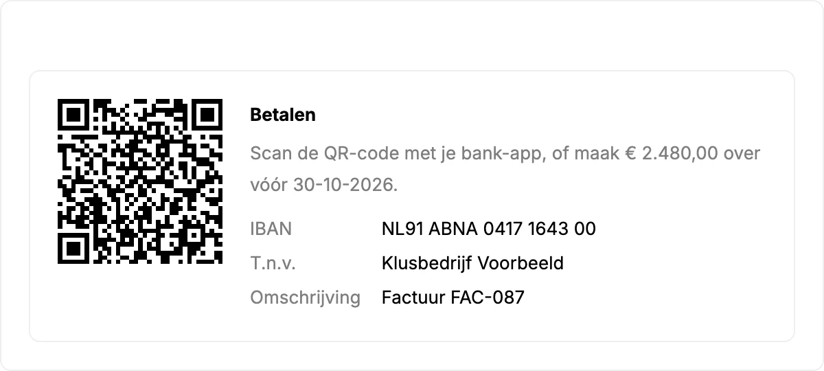 Het betaalblok op een factuur met een QR-code voor de bank-app